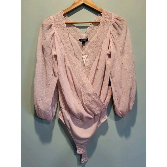 Express Tops - New Express Blush Pink Semi Sheer Long Puff Sleeve Bodysuit Sz S Feminine Fairy